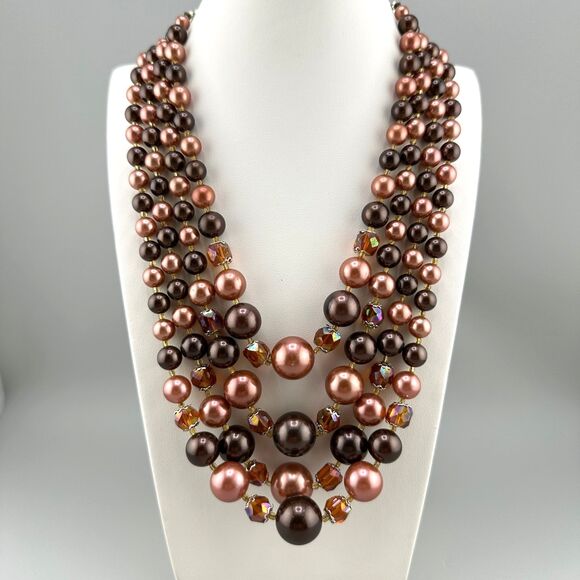 Jewelry - Vintage Japan Faux Pearl Necklace Multi Strand Topaz Root Beer Color AB Beads